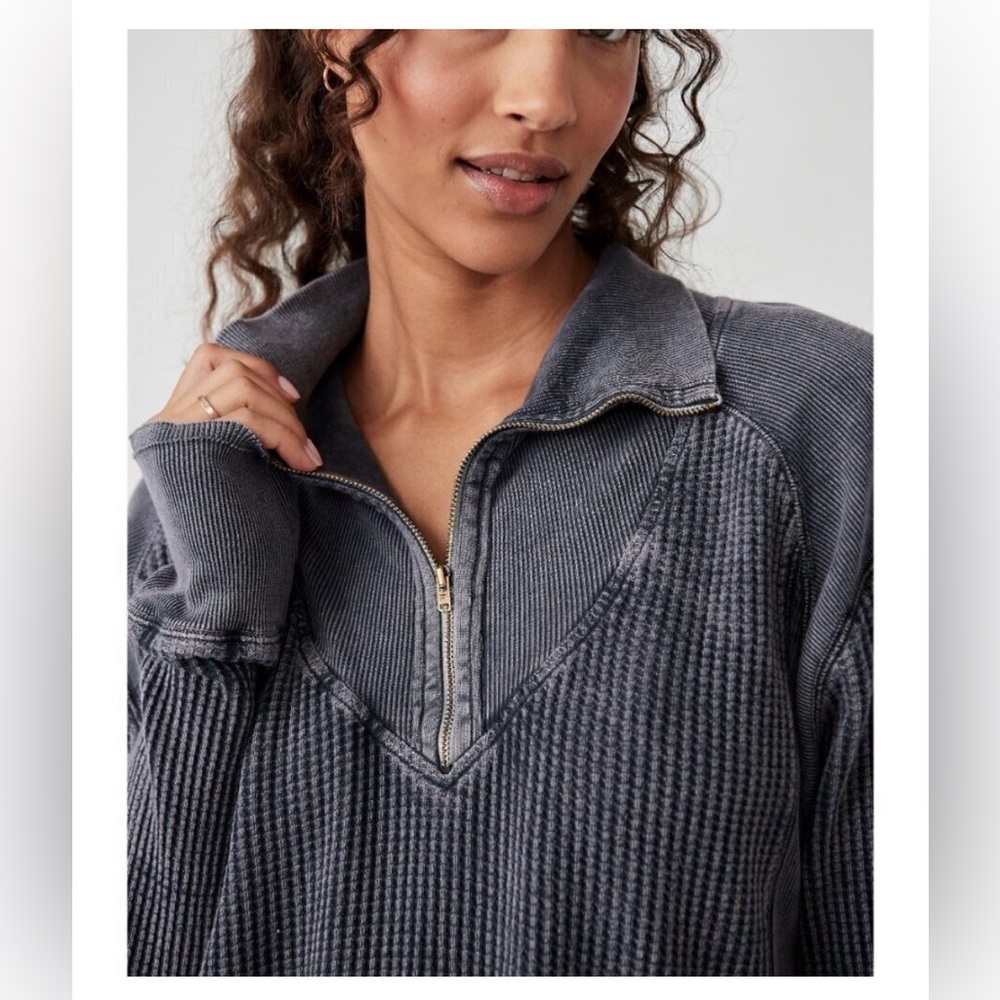 Free People Quarter Zip Lightweight Waffle Sweatshirt